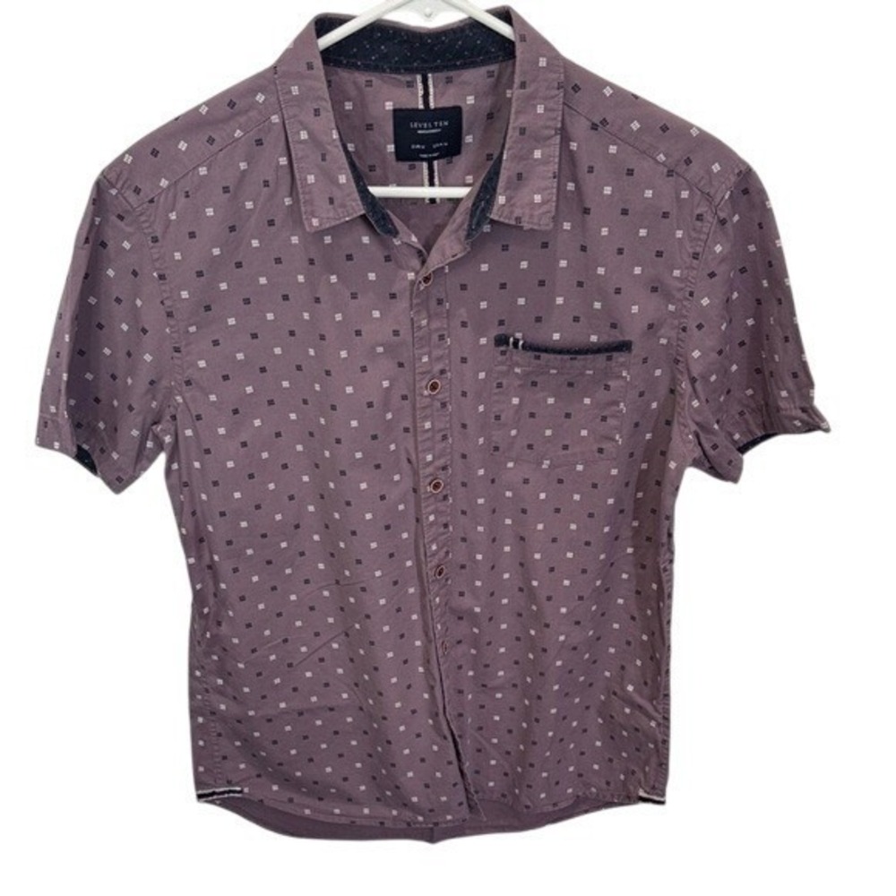 Level Ten Mens Modern‎ Mauve Short Sleeve Button Up Shirt Patterned Casual